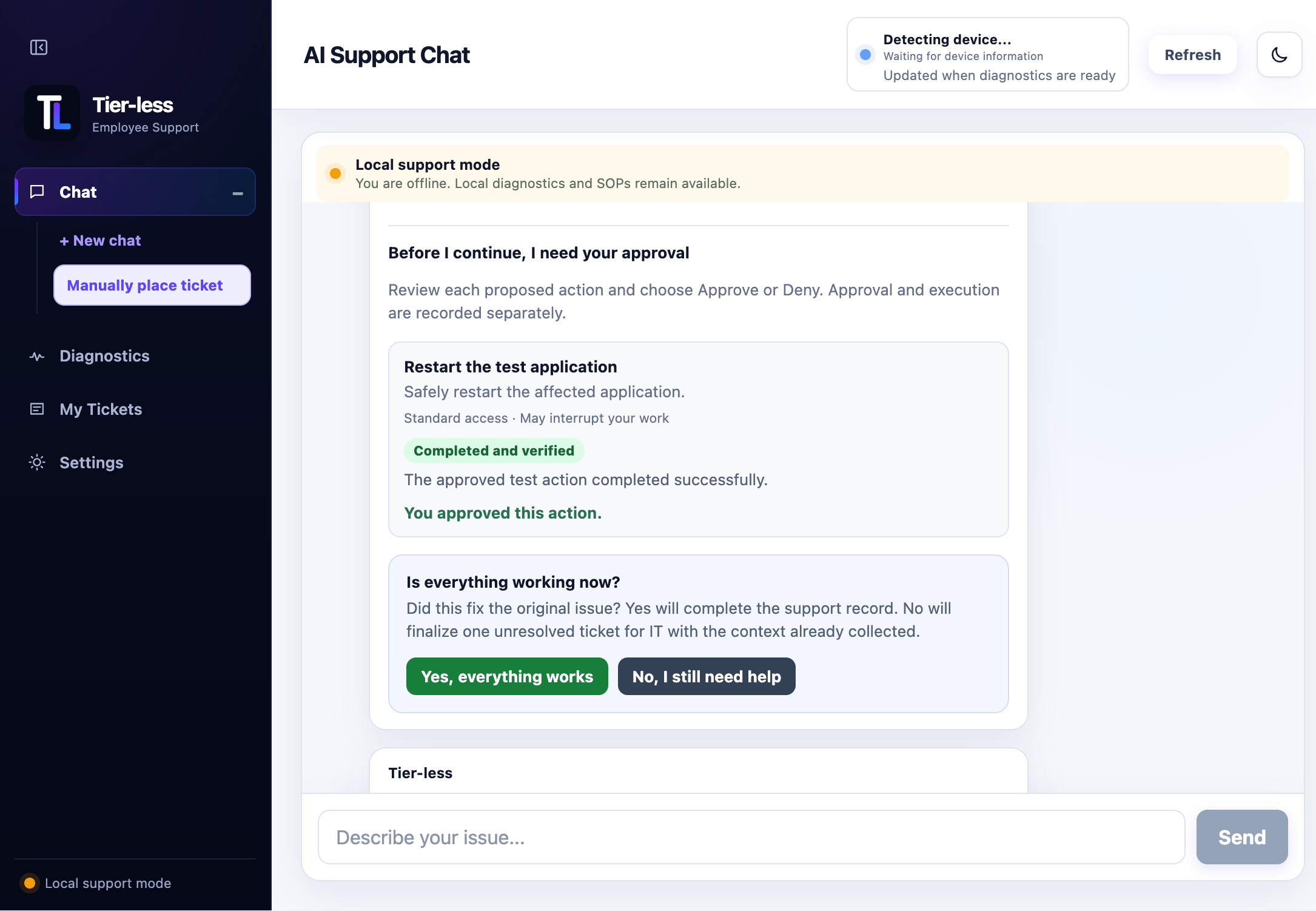 Tier-less employee support workspace showing an approved action, verification, and resolution choices